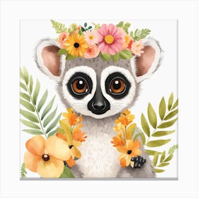 Floral Baby Lemur Nursery Illustration (1) Canvas Print