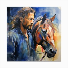 Watercolour Of A Man And Horse Canvas Print