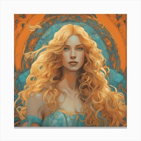 An Illustration Of A Woman In Costume With Long Curly Blonde Hair, In The Style Of Neon Art Nouvea (4) Canvas Print