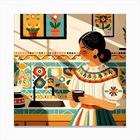 Mexican Girl in The Kitchen with a Cup of Coffee Canvas Print