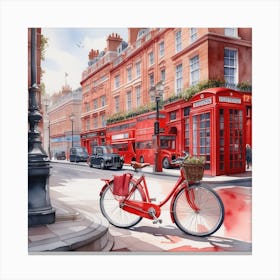 Red Bike In Red London art Watercolor Canvas Print