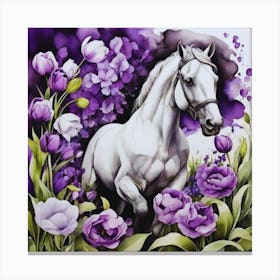 White Horse In Purple Flowers Canvas Print