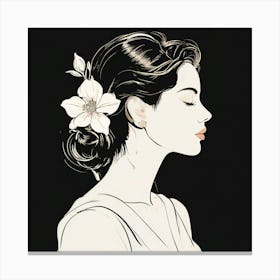 Portrait Of A Woman, A Single Elegant Line Drawing Of A Womans Profile With A Flower Canvas Print