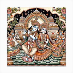 Radha and Lord Krishna Madhubani art Painting Indian Traditional Style Canvas Print