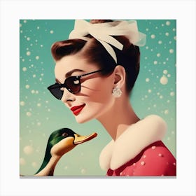 Audrey Hepburn And A Duck With Snow Canvas Print