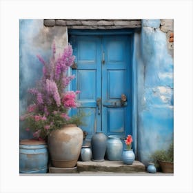 Blue wall. An old-style door in the middle, silver in color. There is a large pottery jar next to the door. There are flowers in the jar Spring oil colors. Wall painting.11 Canvas Print