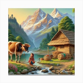Cow By The Stream Canvas Print