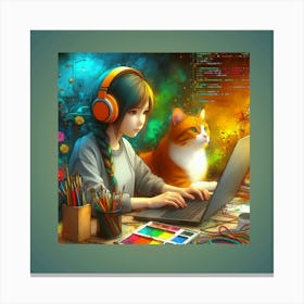 Girl With Cat Working On Laptop Canvas Print