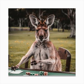 A Kangaroo Smoking Sitting At A Poker Table Outside Canvas Print