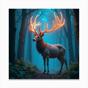 A Surreal Stag With Antlers Of Cascading, Bioluminescent Patterns Standing In A Mystical Forest Canvas Print