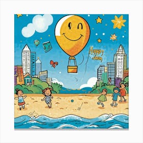 Cartoon Illustration Of A Hand Drawn Balloon Adorned With A Happy Face Floating Over A Bustling Beac (1) Canvas Print