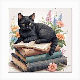 Black Cat On Books 1 Canvas Print