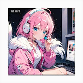 A teenage girl having blue eyes and pink hair, wearing a fur jacket, working on her computer. Canvas Print