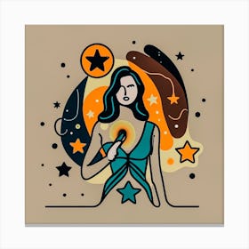 One Line, Digital Art, Woman At Glowing Star And Moon Canvas Print