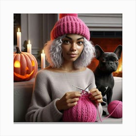 Girl Knitting With A Dog Canvas Print