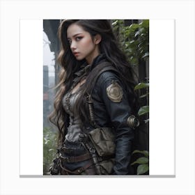 (1)The image depicts a young woman with long, dark hair, wearing a black leather jacket and holding a rifle. She is standing in front of a brick wall with ivy growing on it, and there are trees and bushes in the background. Canvas Print