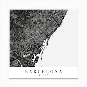 Barcelona Spain Minimal Black Mono Street Map  Square Canvas Print