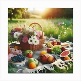 A Picnic On A Green Meadow With A Basket Of Fruits And Flowers 2 Canvas Print