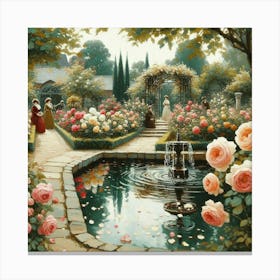 Rose Garden With The Fountain, Acrylic Style Painting 18 Canvas Print