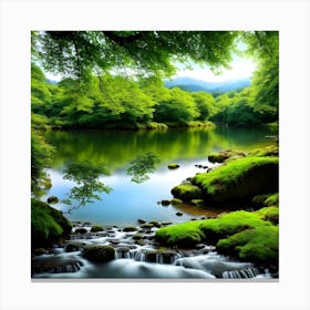 Waterfall In A Green Forest Canvas Print