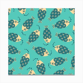 SWIMMING FISH Retro Geometric Undersea Ocean Sea Life in Blue Cream Aqua Turquoise Canvas Print