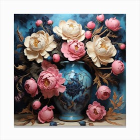 Flowers With Pink Peonies And Blue Canvas Print