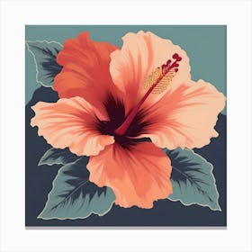 Hibiscus Flower In Pastel Salmon Color With Blue Leaves Canvas Print