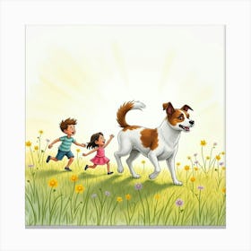 Lively Jack Russell Terrier And A Family Playing In A Watercolor Meadow 1 Canvas Print