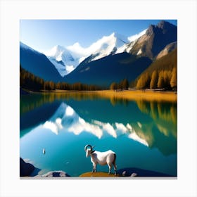 Majestic Peaks and Playful Goats: A Breathtaking Lake Scene Canvas Print