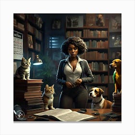 Woman In A Library With Dogs 1 Canvas Print