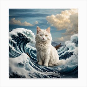 White Cat On A The Great Wave Off Kanagawa Inspired Art Print Cat Canvas Print