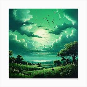 Green Landscape With Birds Canvas Print