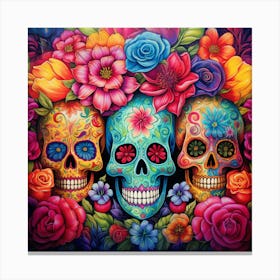 Maraclemente Many Sugar Skulls Colorful Flowers Vibrant Colors Canvas Print