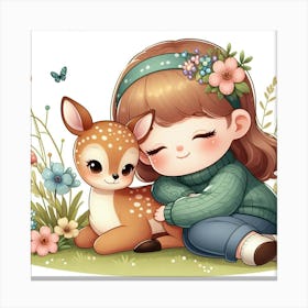 Cute Little Girl With A Deer 1 Canvas Print