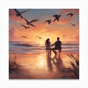 Two lovers walking on the beach at sunset 2 Canvas Print