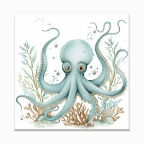 Storybook Style Octopus With Coral 2 Canvas Print