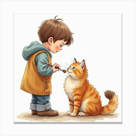 Watercolor Painting Of A Child Brushing A Fluffy Maine Coon Cat Canvas Print