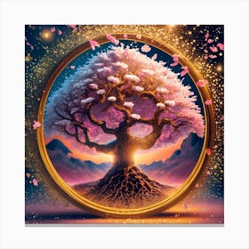 Blooming Whitepinkgolden Sakura Tree Of Life I Canvas Print