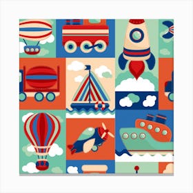 Toy Transport Cartoon Seamless Pattern With Airplane Aerostat Sail Yacht Vector Illustration Canvas Print