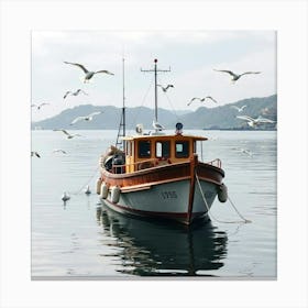 Cozy Fishing Boat Surrounded By Seagulls In A Quiet Bay 1 Canvas Print