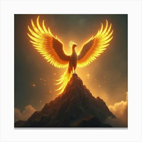 Golden Phoenix Perched Atop A Glowing Mystical Mountain 1 Canvas Print