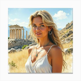 A Watercolor Painting Of A Charming Greek Woman With A Backdrop Of Ancient Ruins 1 Canvas Print