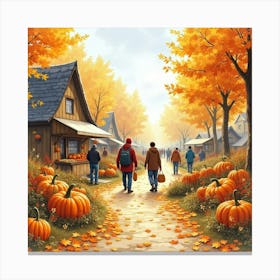 An English Autumn Harvest Festival With People And Produce, Watercolor Style 1 Canvas Print