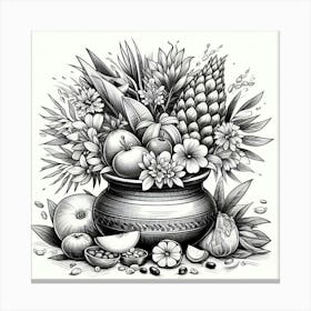Ink Drawing Of Fruits In A Pot Canvas Print