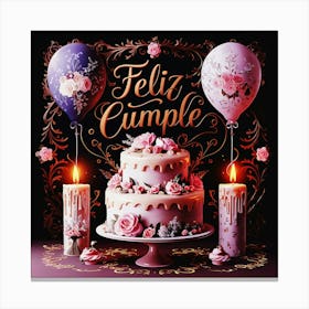 Feliz cumple and Feliz cumpleaños sign means Happy Birthday in Spanish language, Birthday party celebration gift with birthday cake candle colorful balloons best congratulation over light background wall artFeliz Cumple 51 Canvas Print