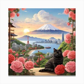 Cat In A Rose Garden Canvas Print