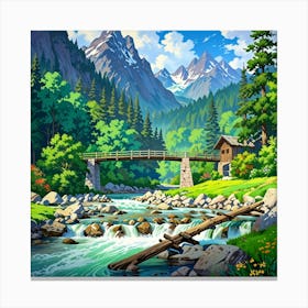 Mountain Scene With A Bridge Canvas Print