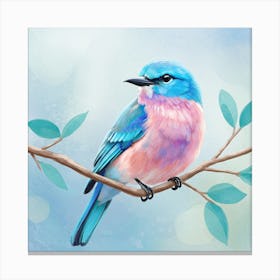 Colorful Bird With Blue And Pink Feathers Perched On A Branch Canvas Print