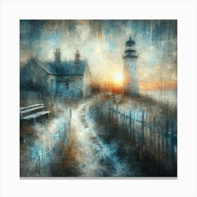 Lighthouse At Sunset and Captivating Scene: Old Lighthouse, Neglected Cottage, Crooked Fence, and Bench in Dreamy Sunrise Painting Canvas Print