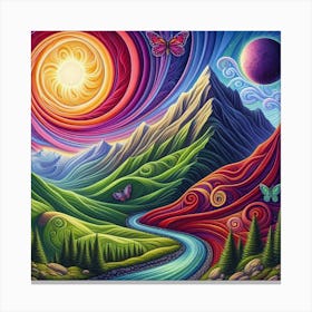 Mountain With Spiral Moon Sun Butterfly 1 Canvas Print